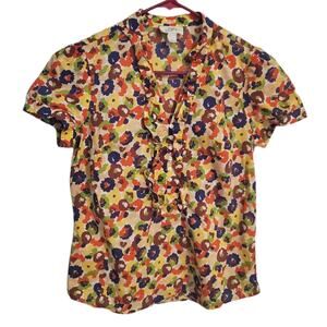 LOFT Women's bright floral short sleeve blouse Ruffled lapel Side zip sz. Small